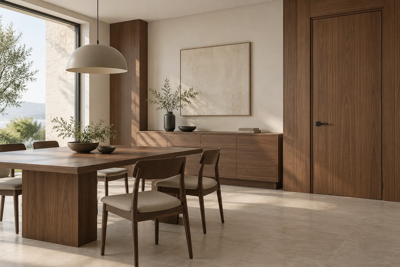 AI-generated interior design reference showing a wood-look door coordinated with wall panels and cabinetry