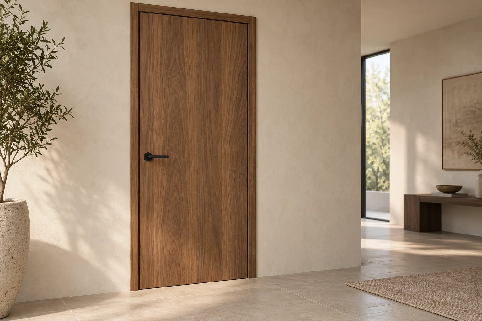 AI-generated design reference showing a wood-look door leaf, frame and dark lever hardware