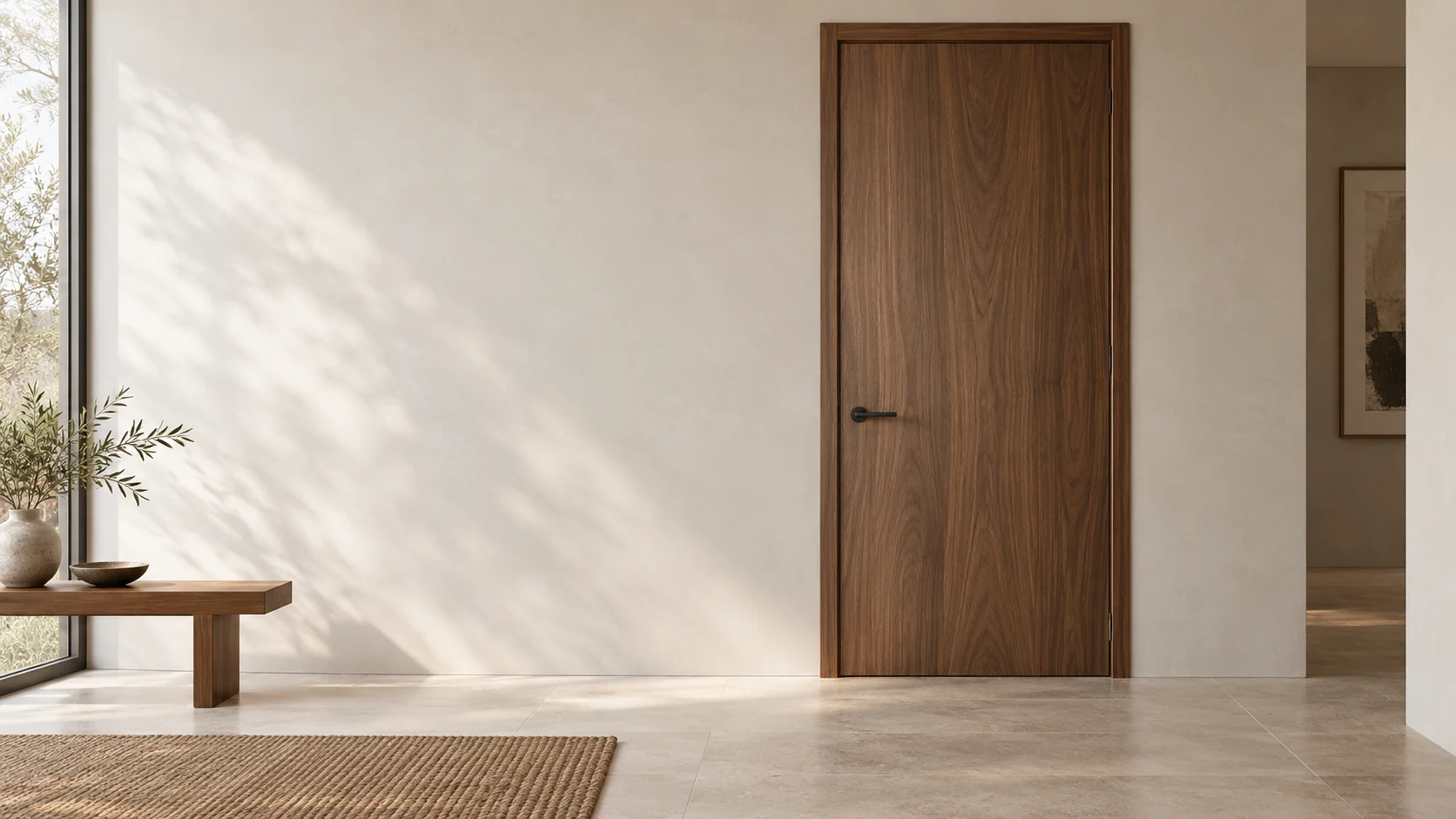 AI-generated design reference showing a walnut-look interior door, dark lever and bright architectural space